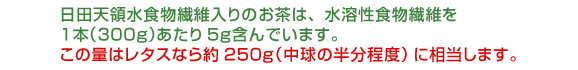 水溶性食物繊維である「難消化性デキストリン」を1本(300g)あたり5g含んでいます。この量はレタスなら約500g(1個半程度)に相当します。